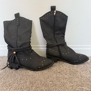 Black Studded Western Ankle Boots with Braided Strap